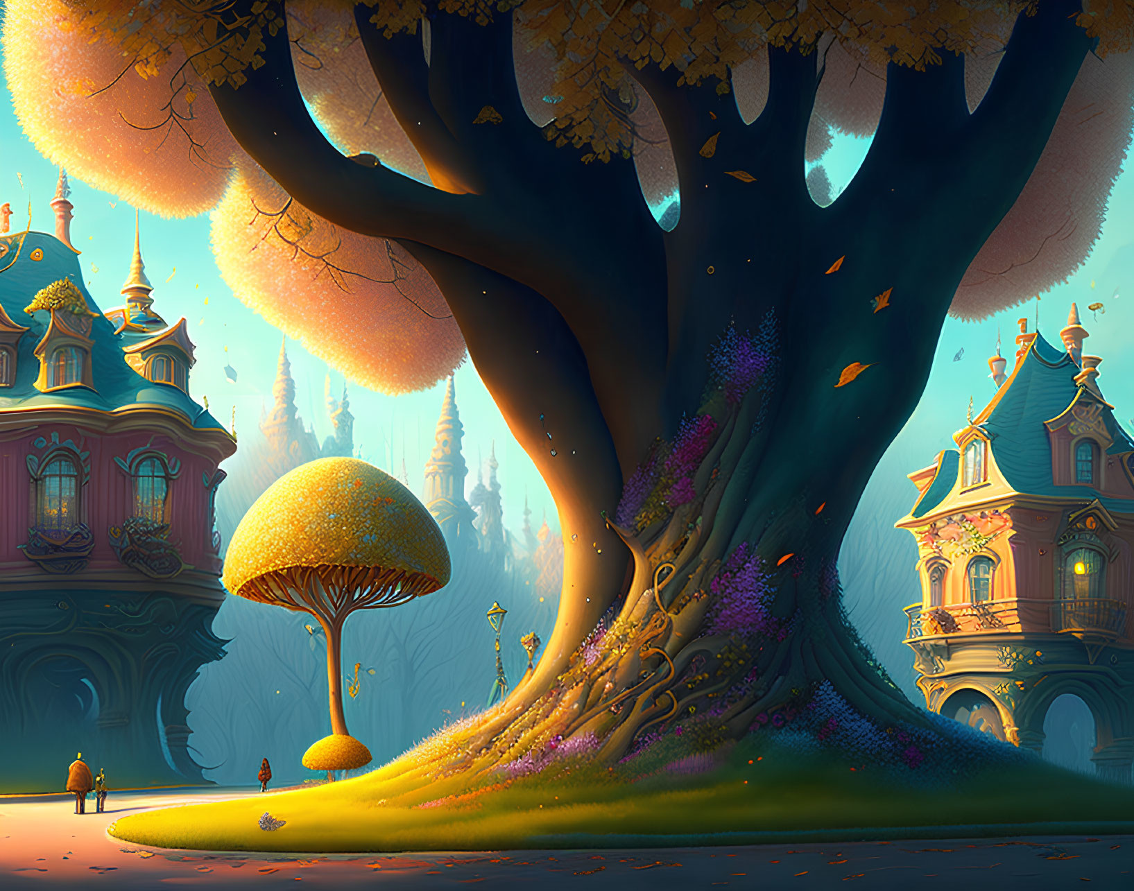 Fantasy illustration of magical tree, glowing mushrooms, colorful plants, and ornate houses