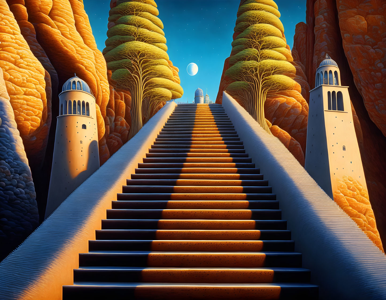 Twilight scene: Staircase between red-orange cliffs, white towers, yellow trees, full moon