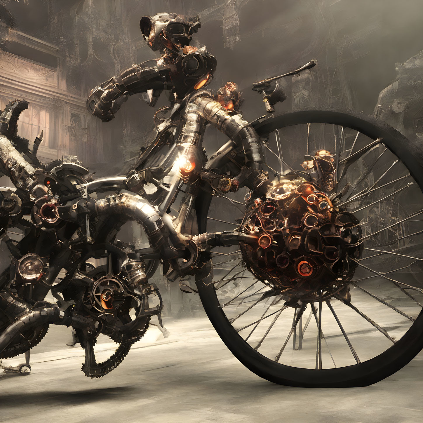 Steampunk-clad figure on futuristic motorcycle in dystopian scene