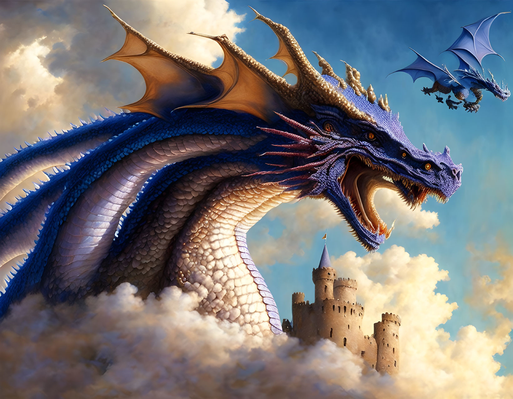 Blue dragon with multiple horns overlooking castle in dramatic sky