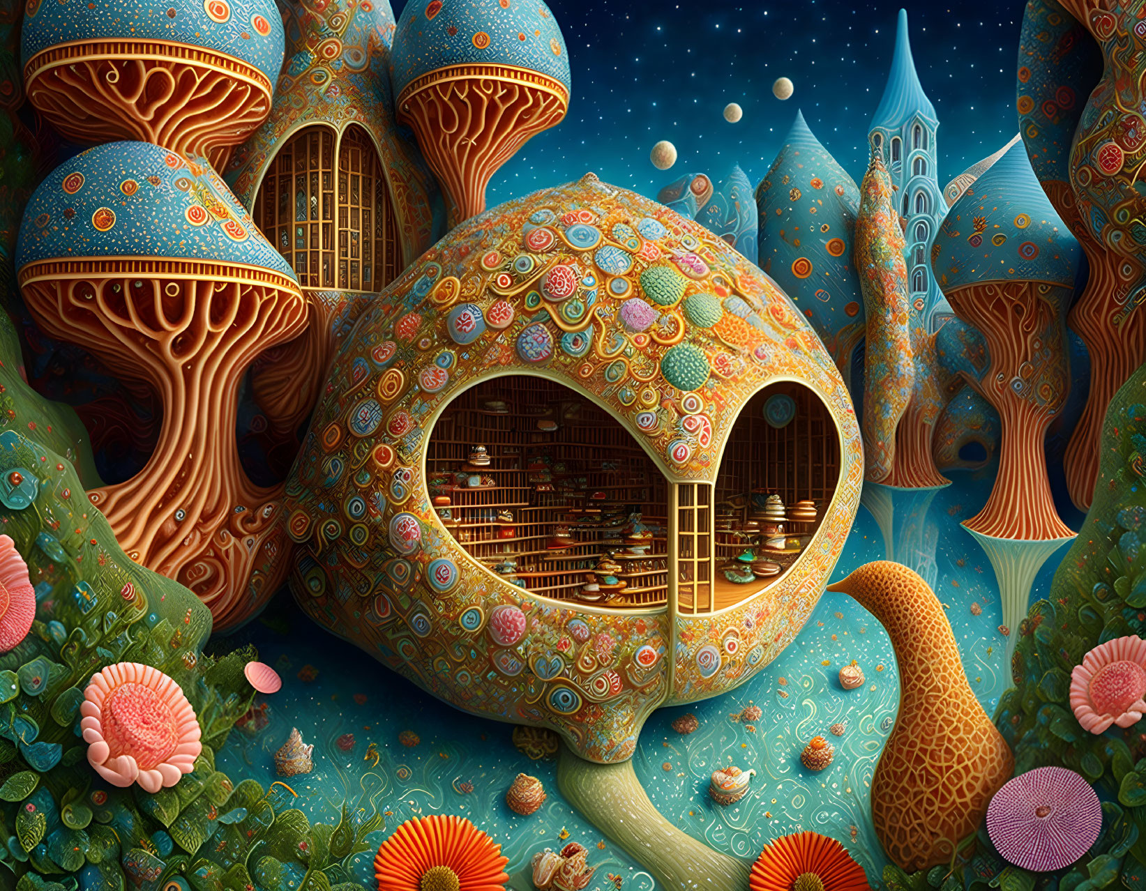 Fantasy Landscape Illustration with Mushroom Houses and Vibrant Flora