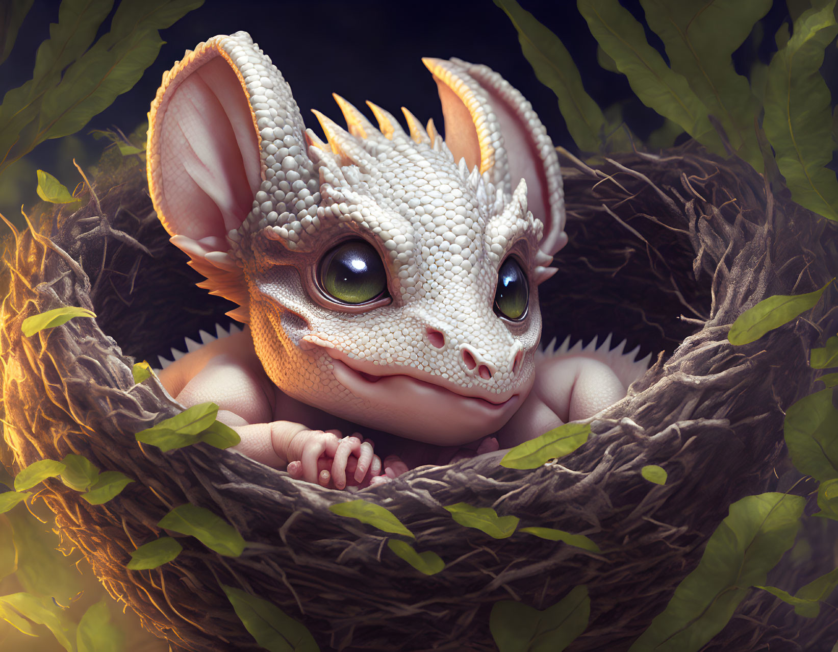 Cute fantasy creature with big eyes in leafy nest