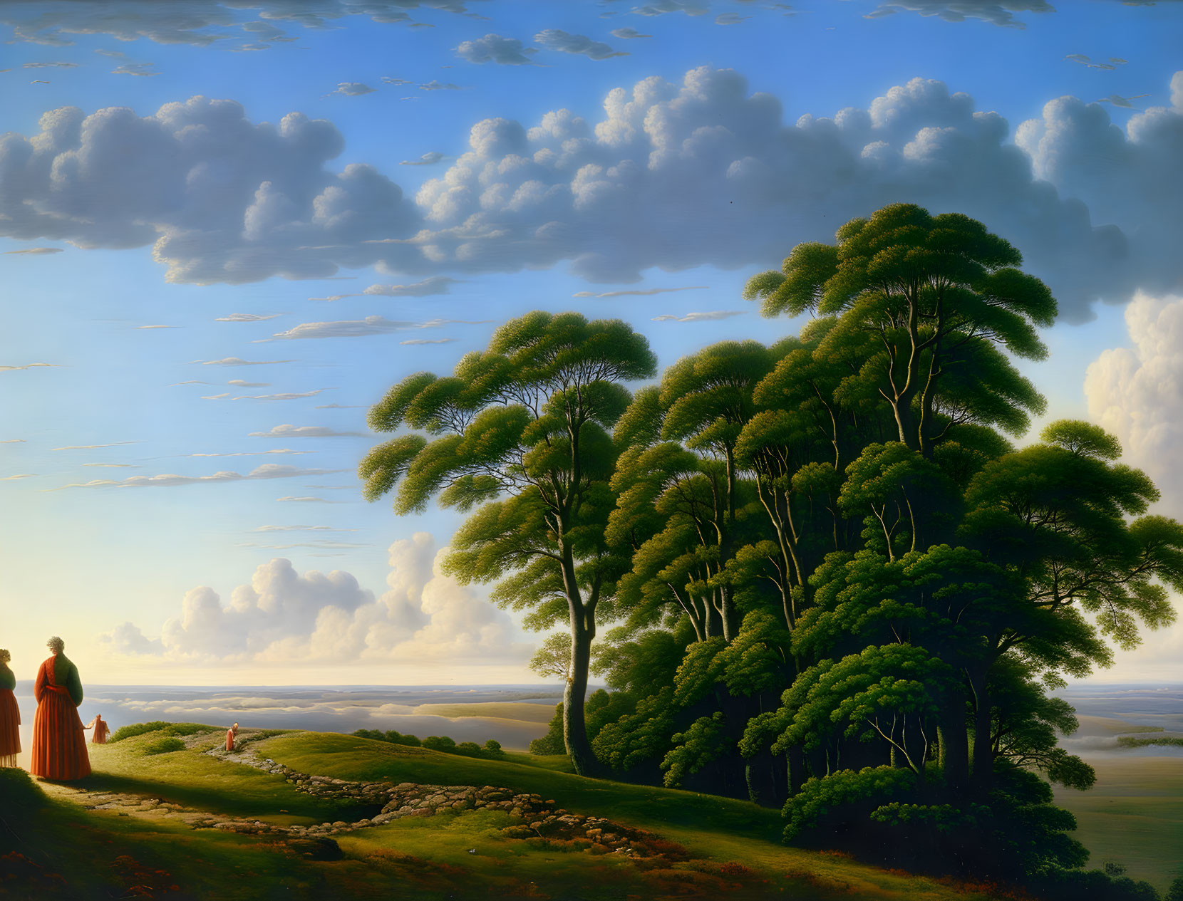 Three individuals under vast skies: lush green trees, expansive cloud-filled skies.