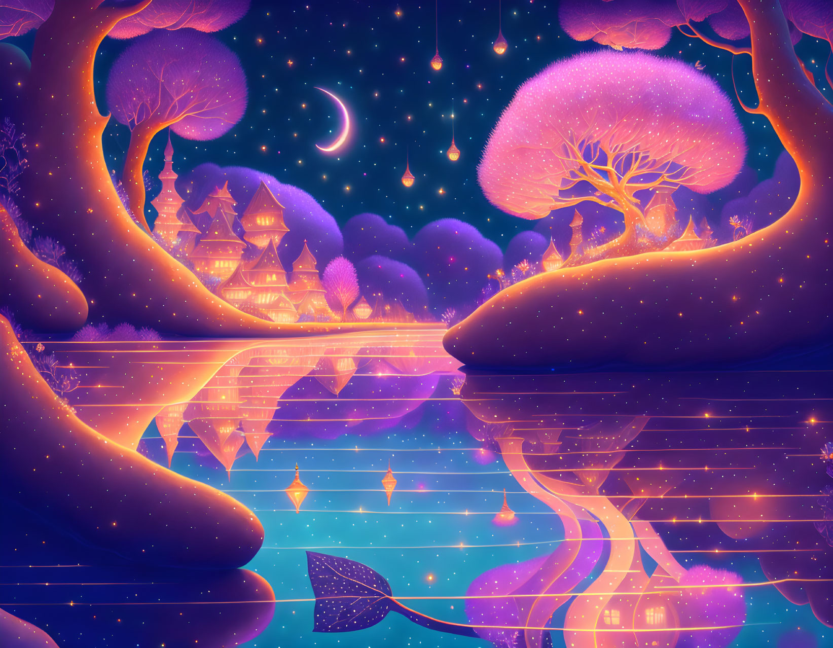 Colorful digital artwork: Glowing purple and pink mystical landscape with trees, lanterns, boat,