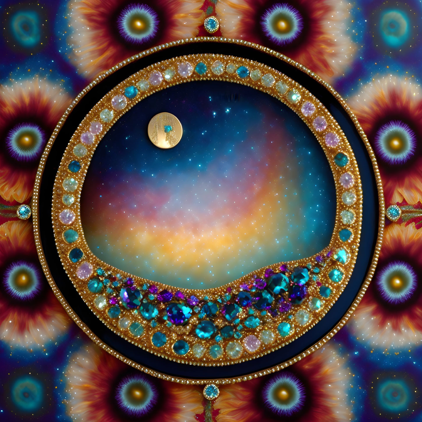 Cosmic-themed digital artwork with central nebula swirl and jewel-encrusted patterns