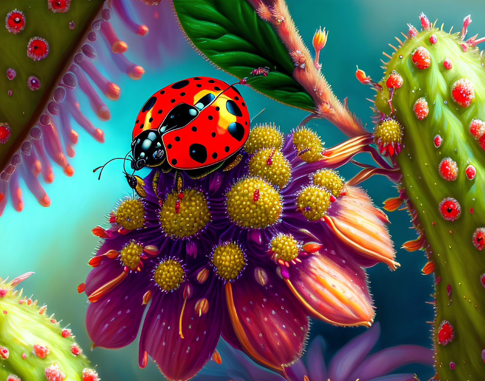 Colorful Ladybug on Purple and Yellow Flowers with Green Stems