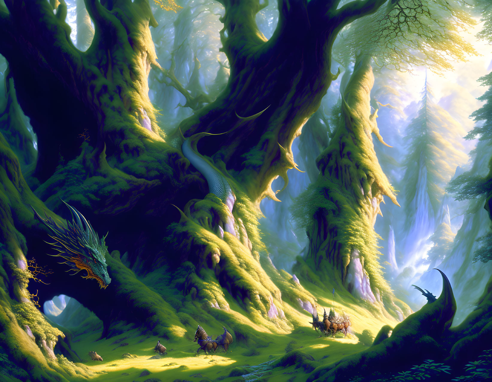 Mystical Enchanted Forest with Ancient Trees and Creatures