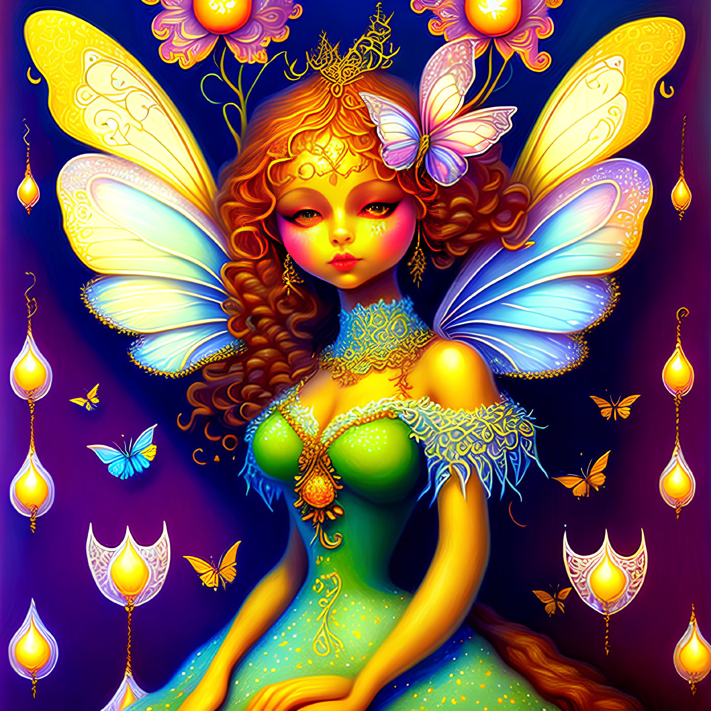 Colorful Fairy Illustration with Multicolored Wings and Ornate Jewelry