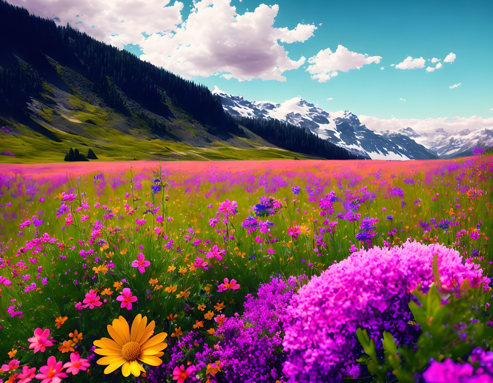 Colorful Wildflower Field with Mountains and Sky