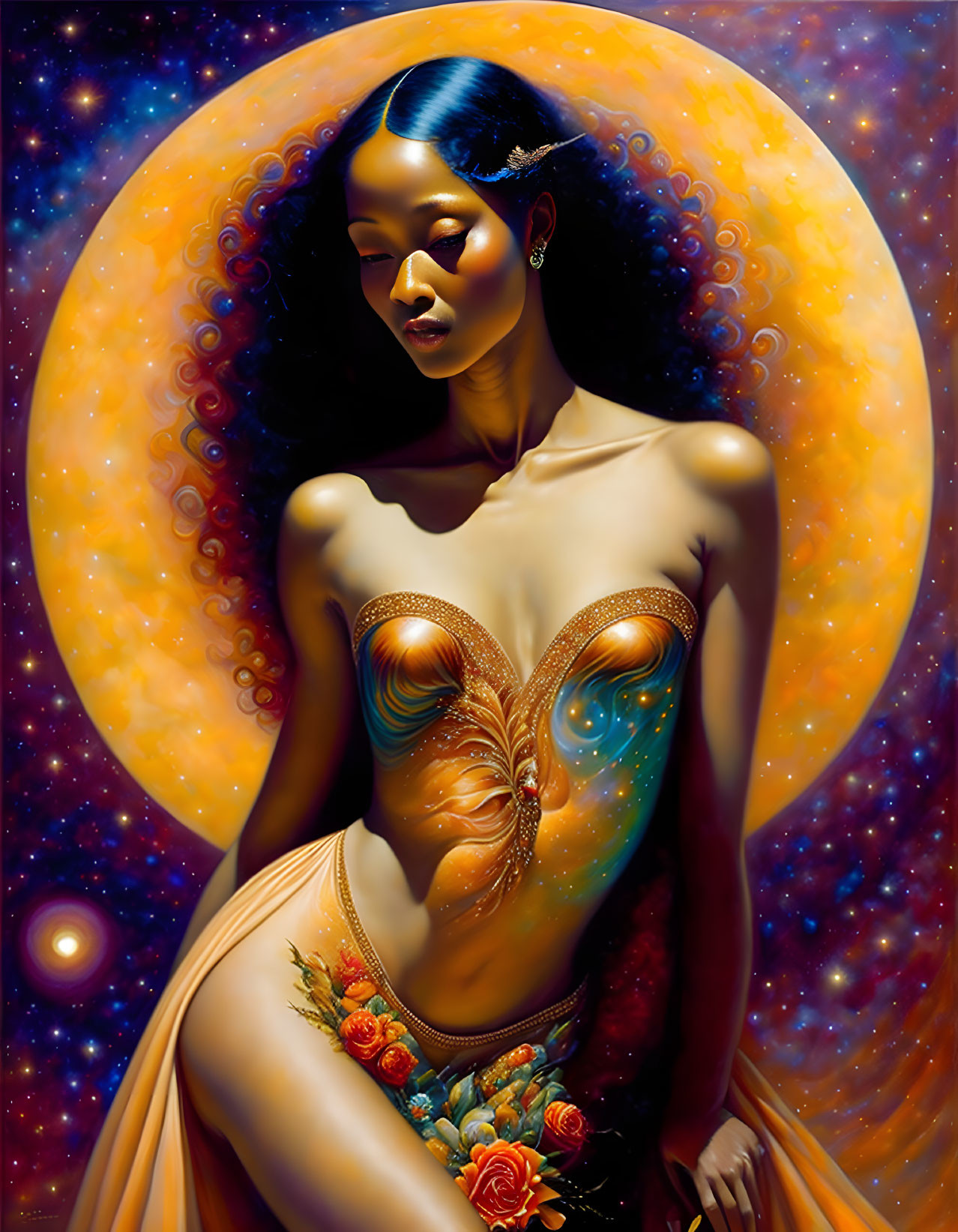 Surrealist portrait of woman with celestial background and warm tones