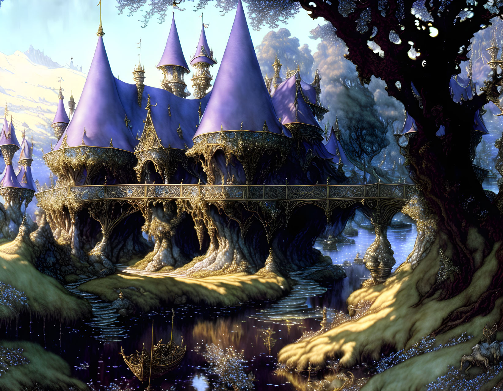 Fantasy landscape featuring purple-roofed treehouses, bridge, river, and enchanting forest