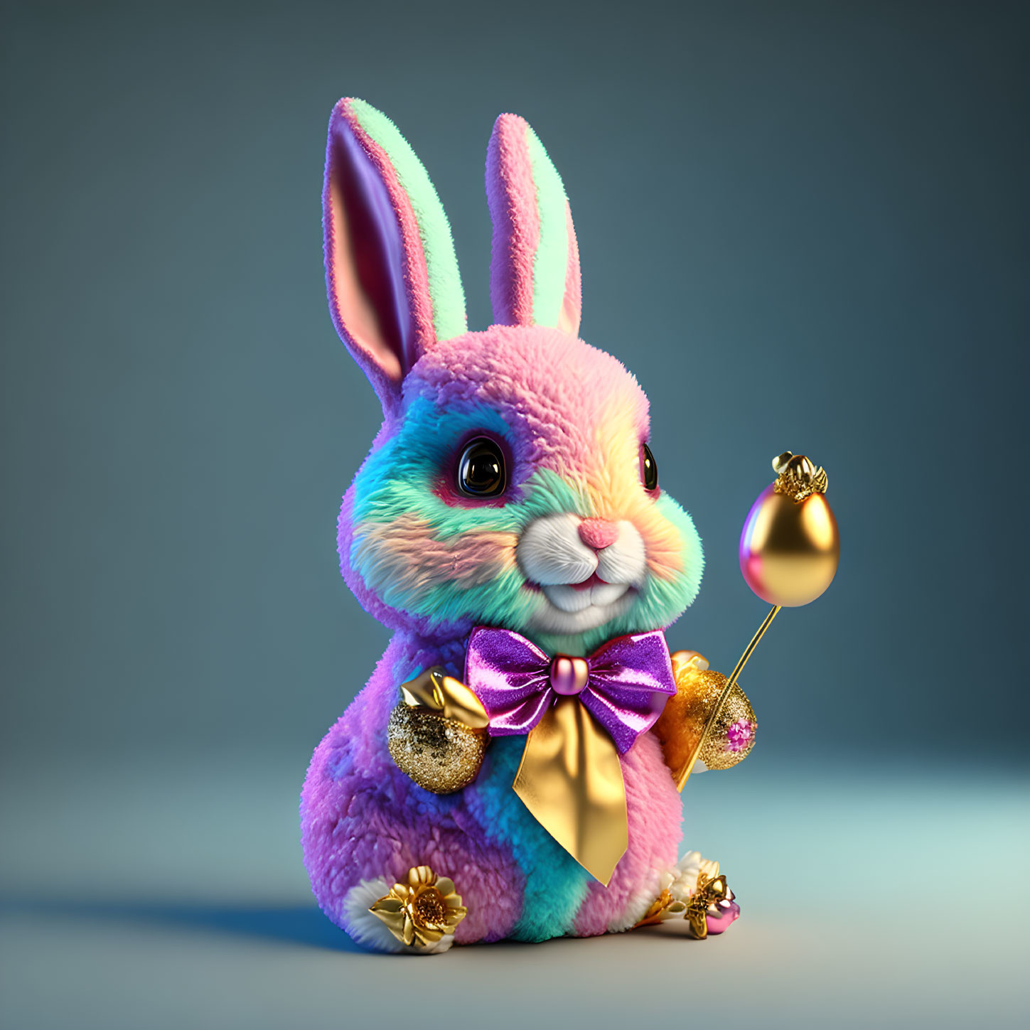 Fluffy Bunny with Purple and Gold Bow Tie on Blue Background