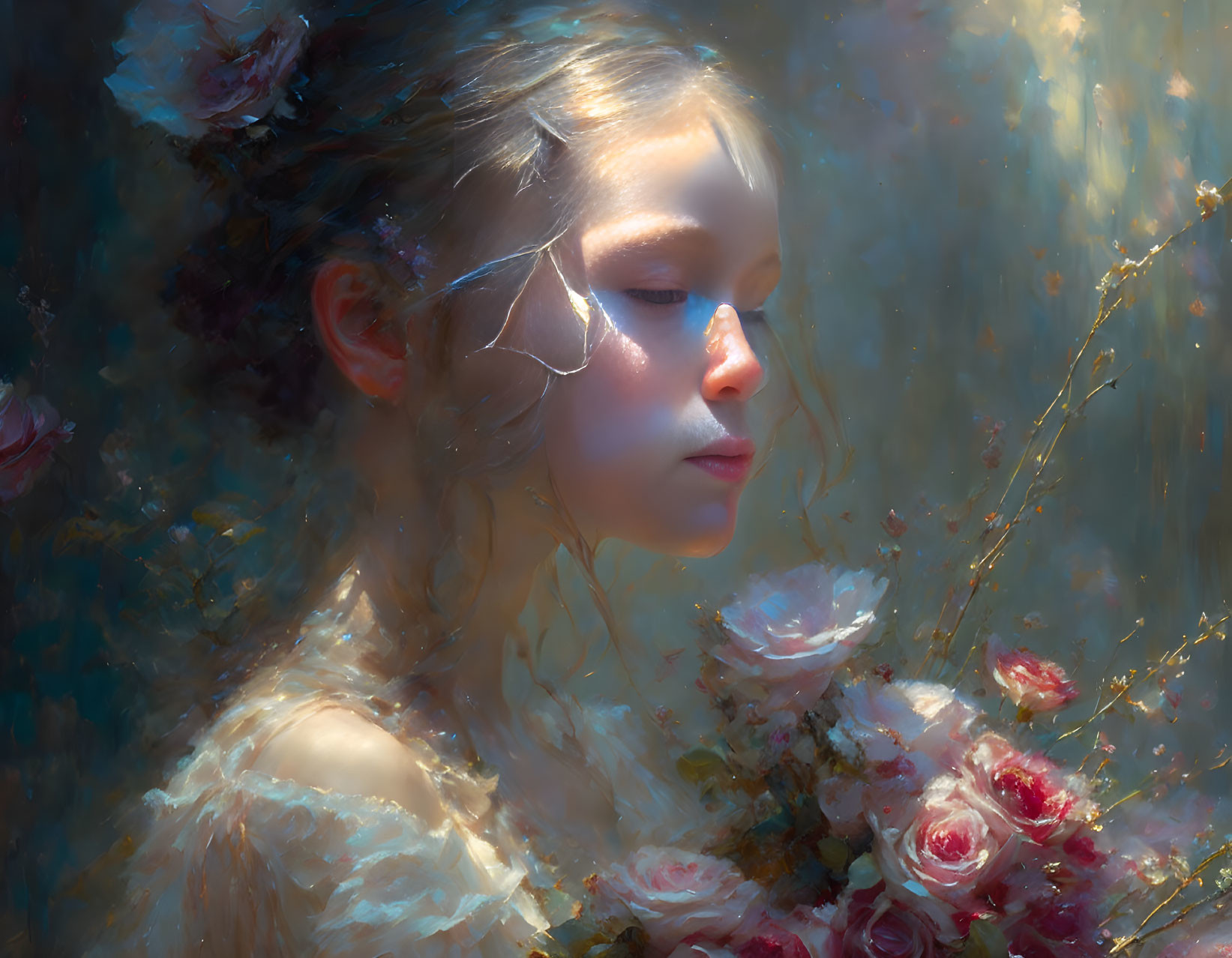 Young Girl Surrounded by Pastel Flowers and Soft Light