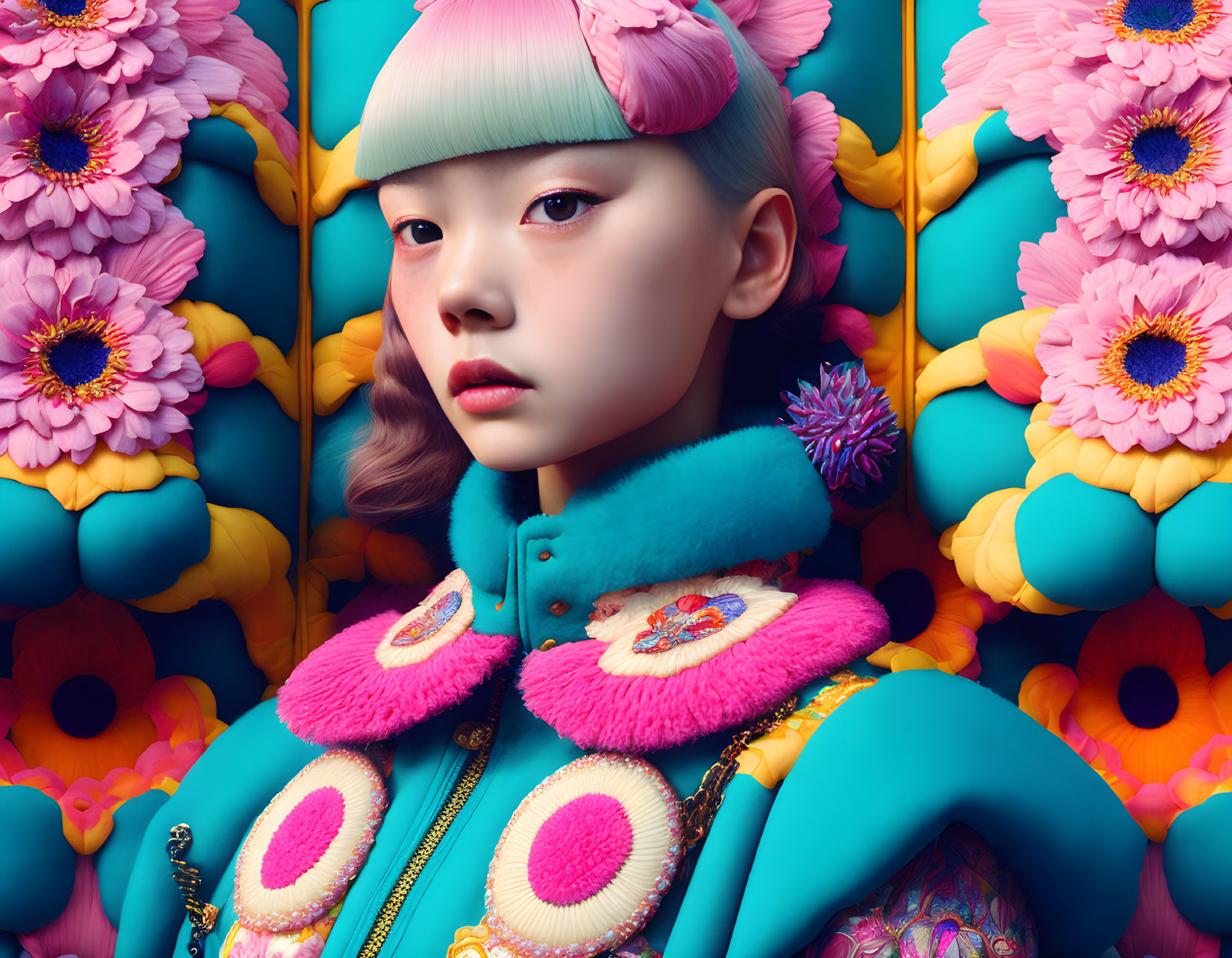 Vibrant surreal portrait with oversized flowers and stylized features