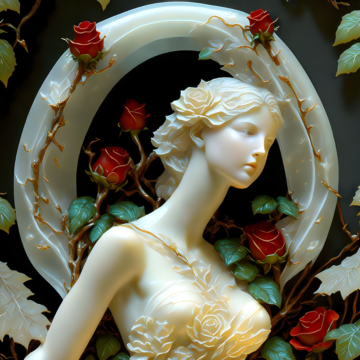 Sculpture of Woman with Roses and Vines in Crescent Moon Frame