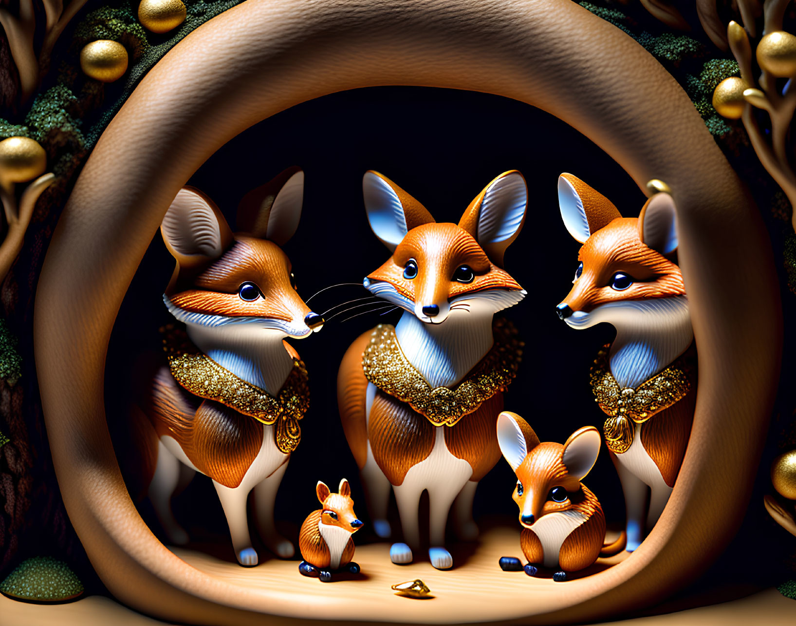 Stylized foxes in hollow log with golden necklaces