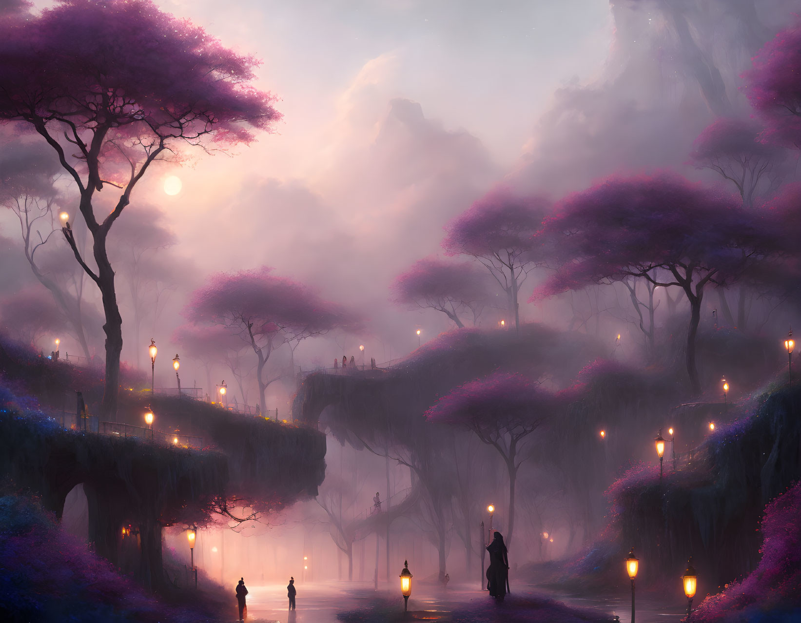 Mystical landscape with pink and purple hues and silhouetted figures among illuminated trees