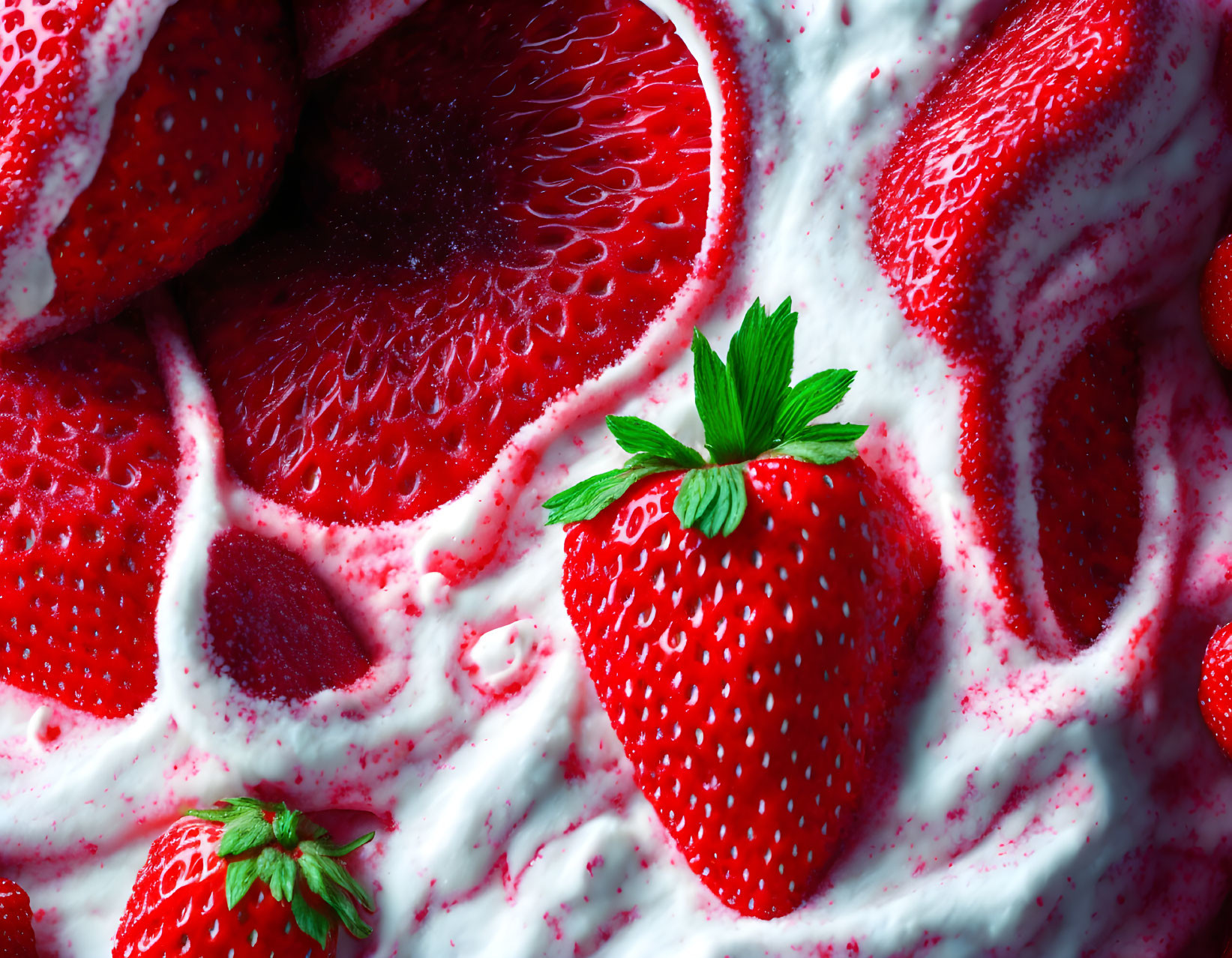 Fresh strawberries in creamy yogurt with a single berry and green leaf.