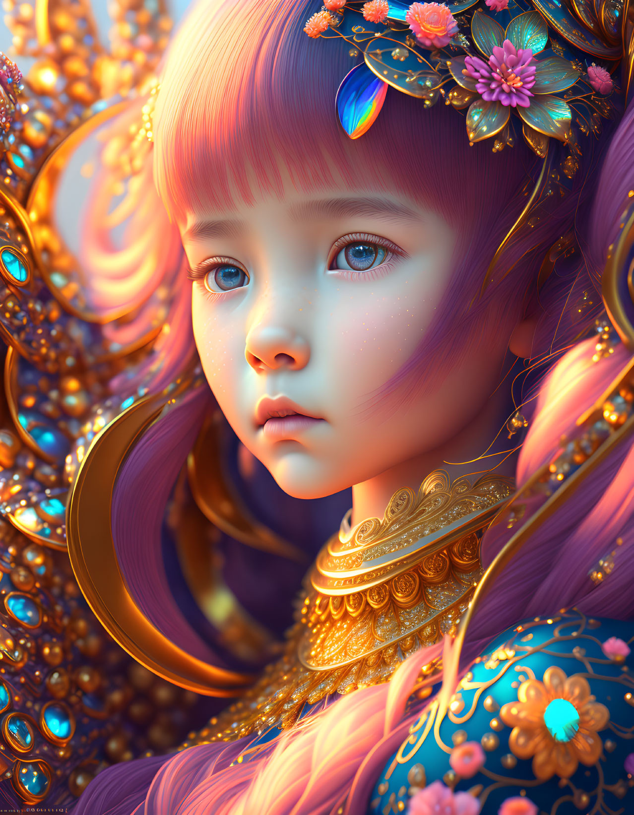 Young girl digital portrait with blue eyes and fantasy-themed golden embellishments