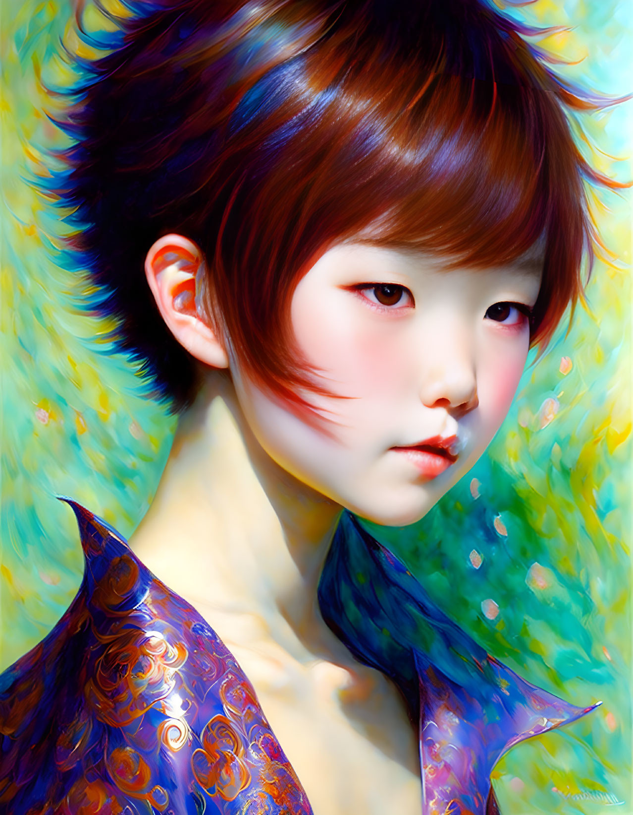 Digital artwork featuring girl with blue collar & brown hair on abstract background