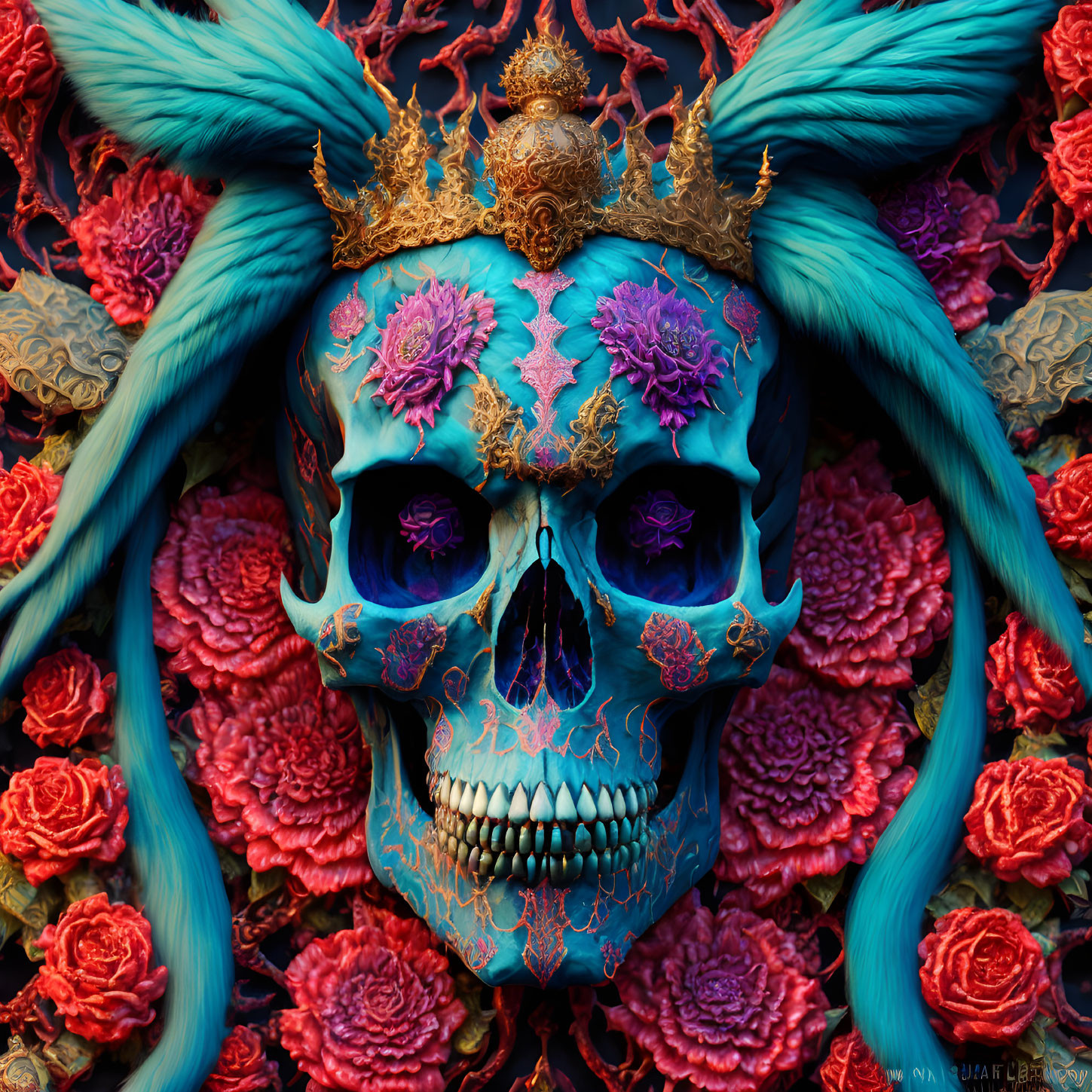 Colorful digital artwork: Turquoise skull with crown, teal feathers, red roses