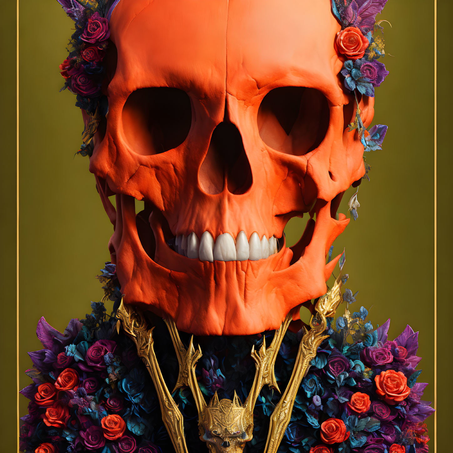 Skull with vibrant orange hue and colorful flowers on muted olive background