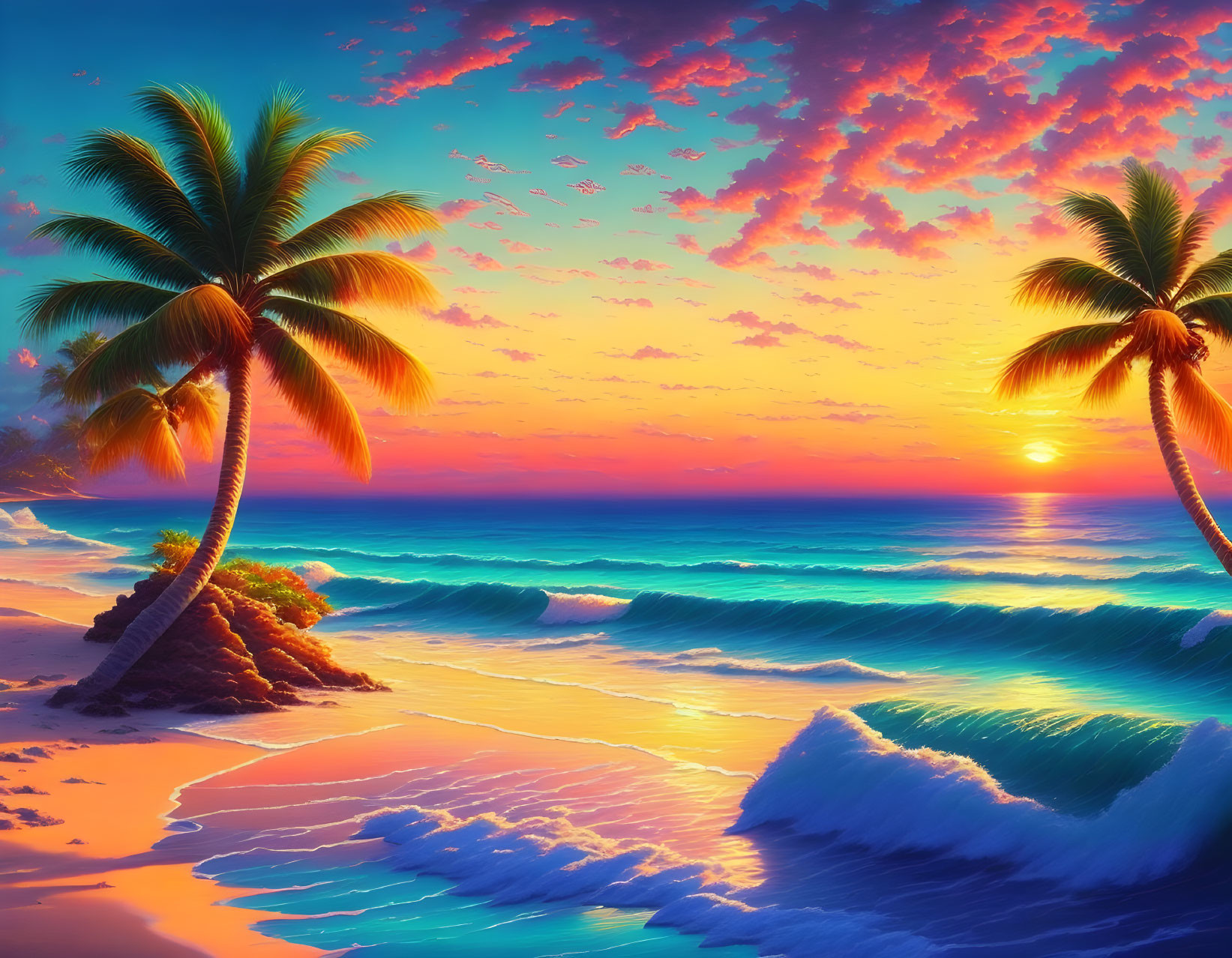 Tropical beach sunset with palm trees and colorful clouds