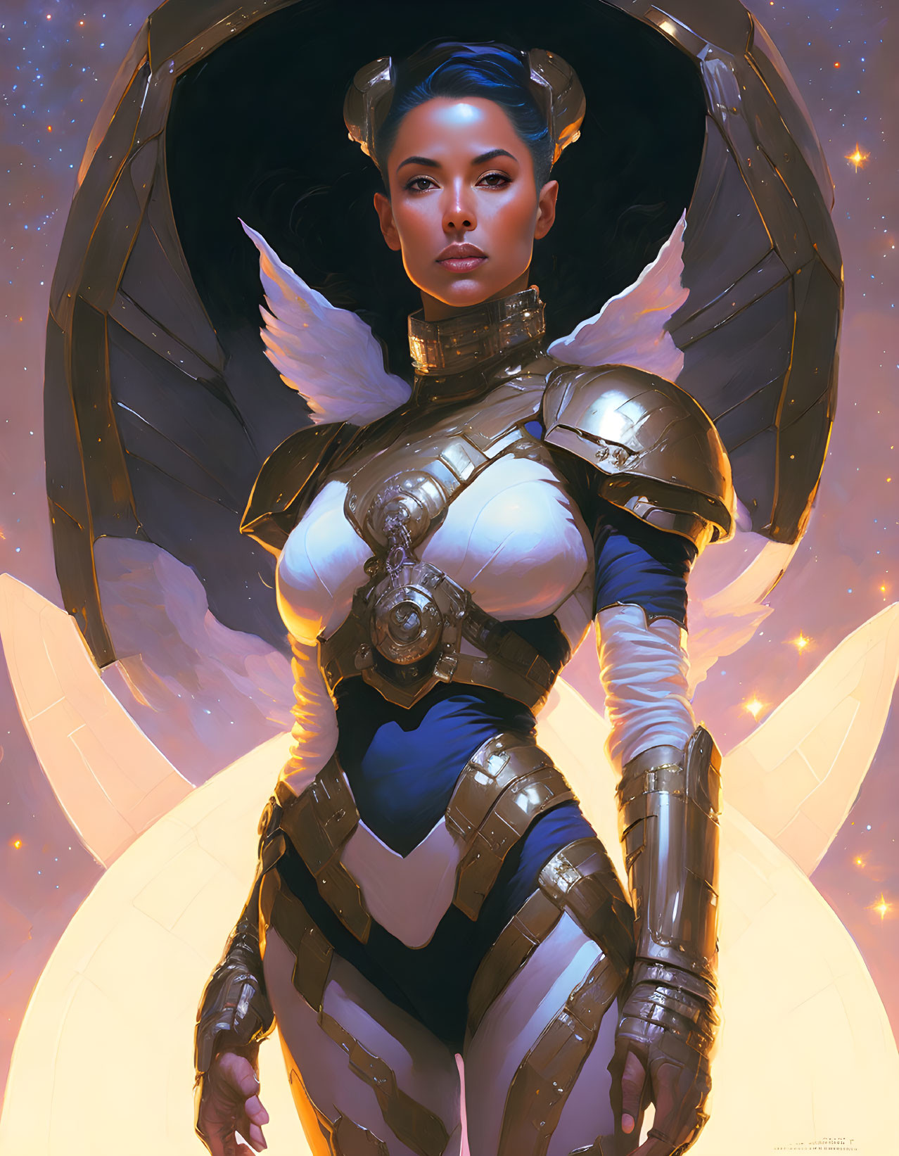 Futuristic female warrior in silver armor with celestial backdrop