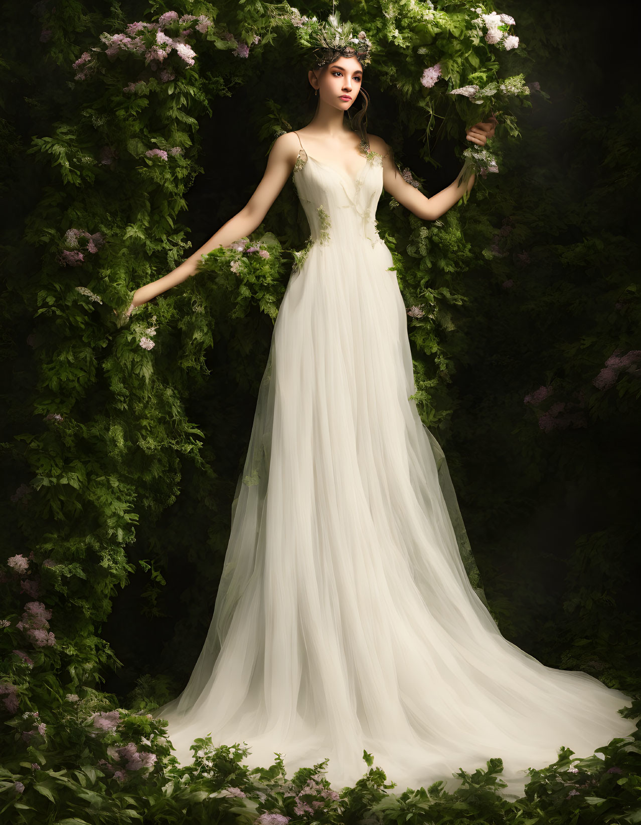 Woman in elegant white gown surrounded by lush greenery and blooms