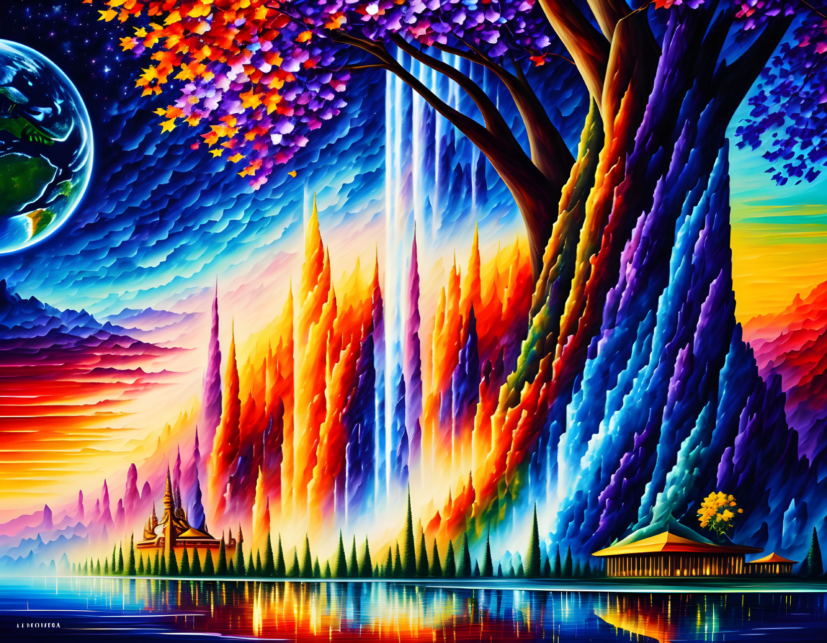 Surreal landscape painting: large tree, cascading colors, distant planet, Asian-style architecture