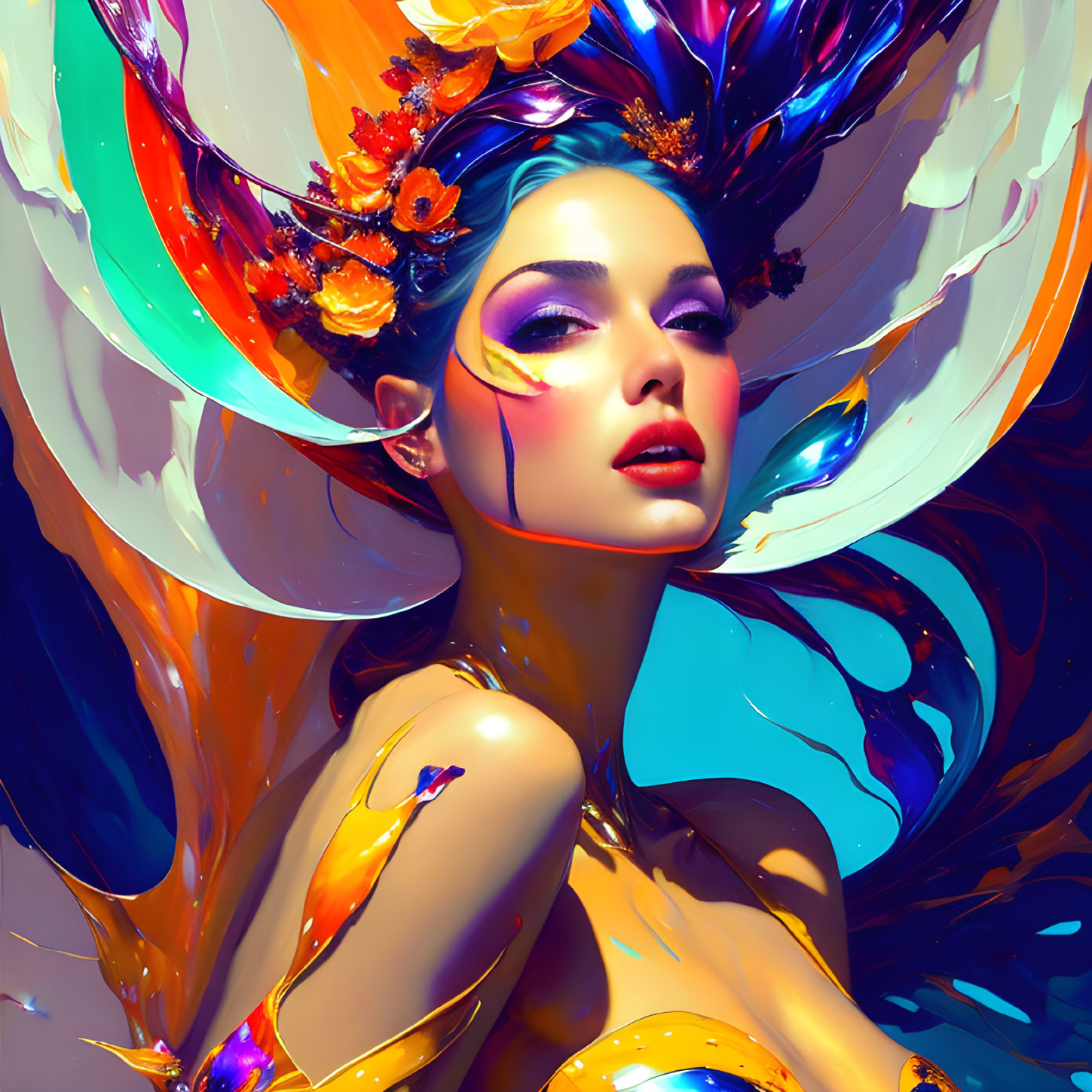 Colorful digital portrait of woman with fantastical headdress & floral accents