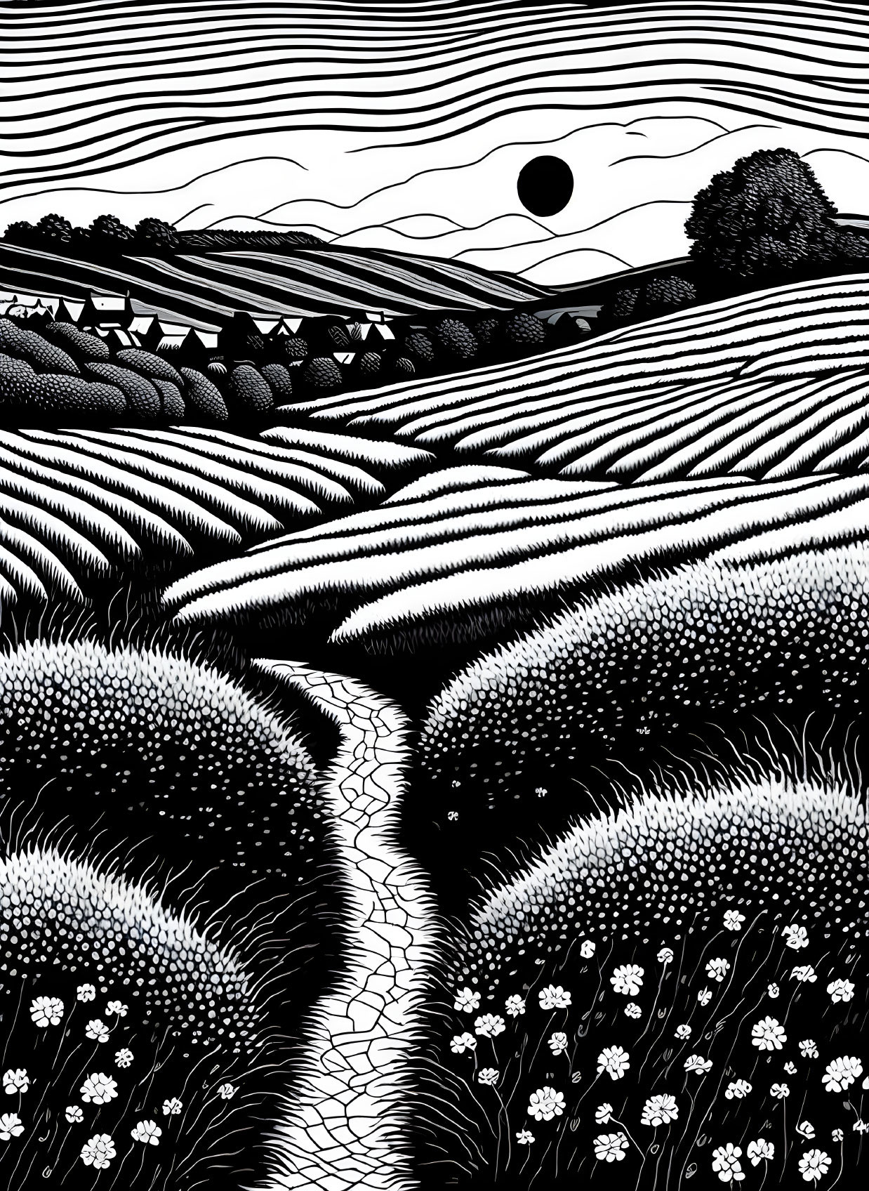 Monochromatic landscape illustration with fields, path, tree, and sky