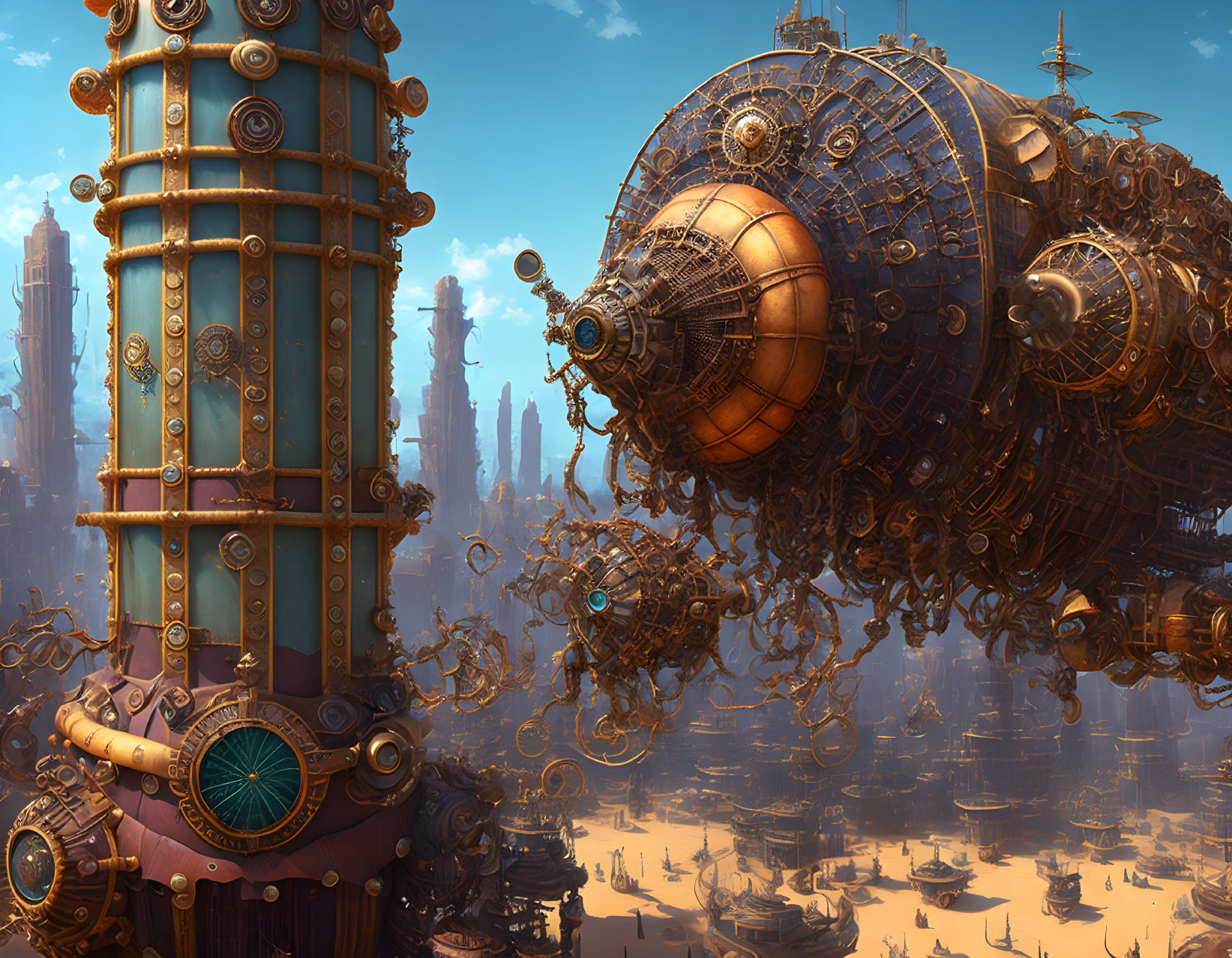 Steampunk cityscape with spherical structure and ornate towers in clear blue sky