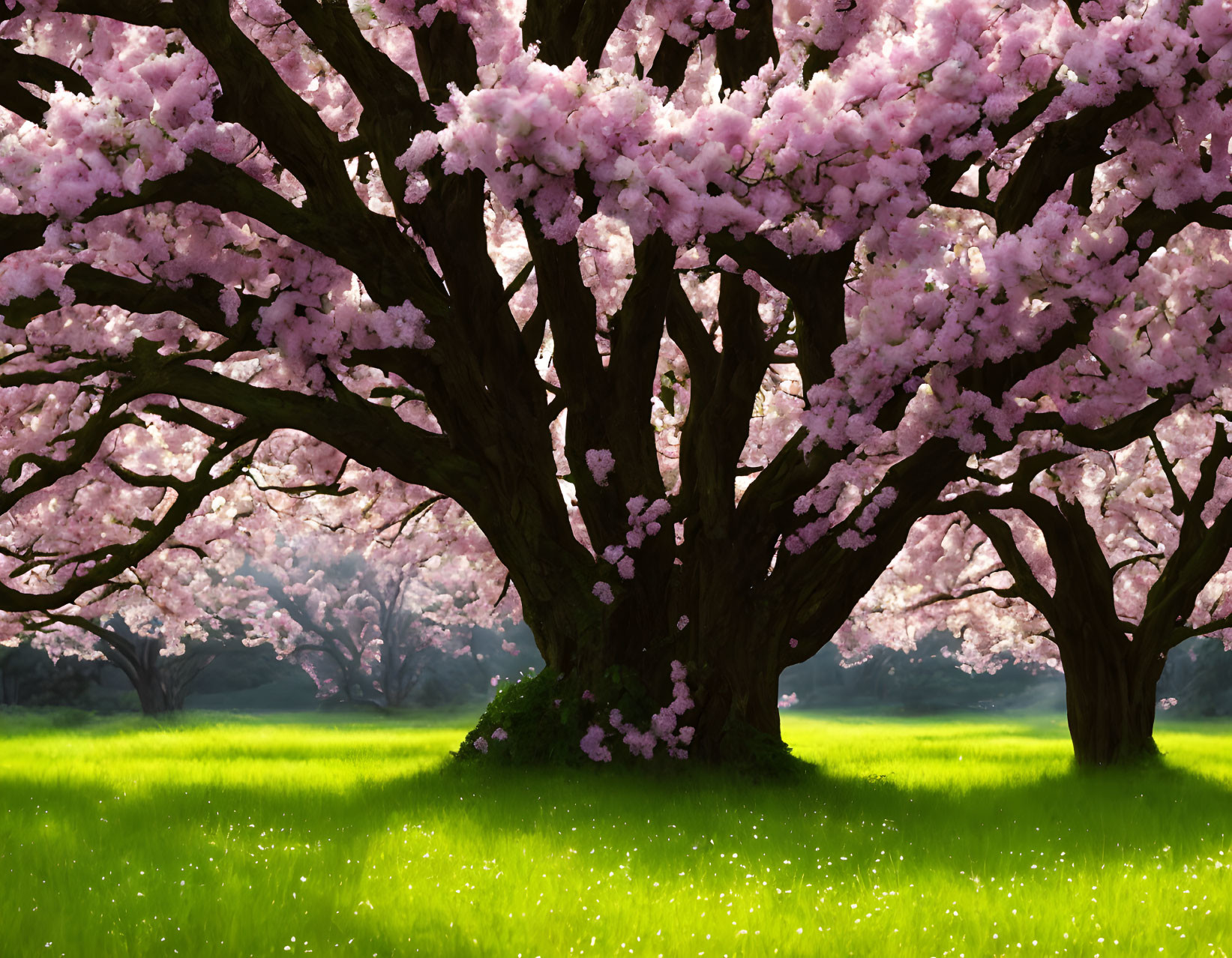 Cherry Blossom Tree in Full Bloom with Verdant Grass Beneath