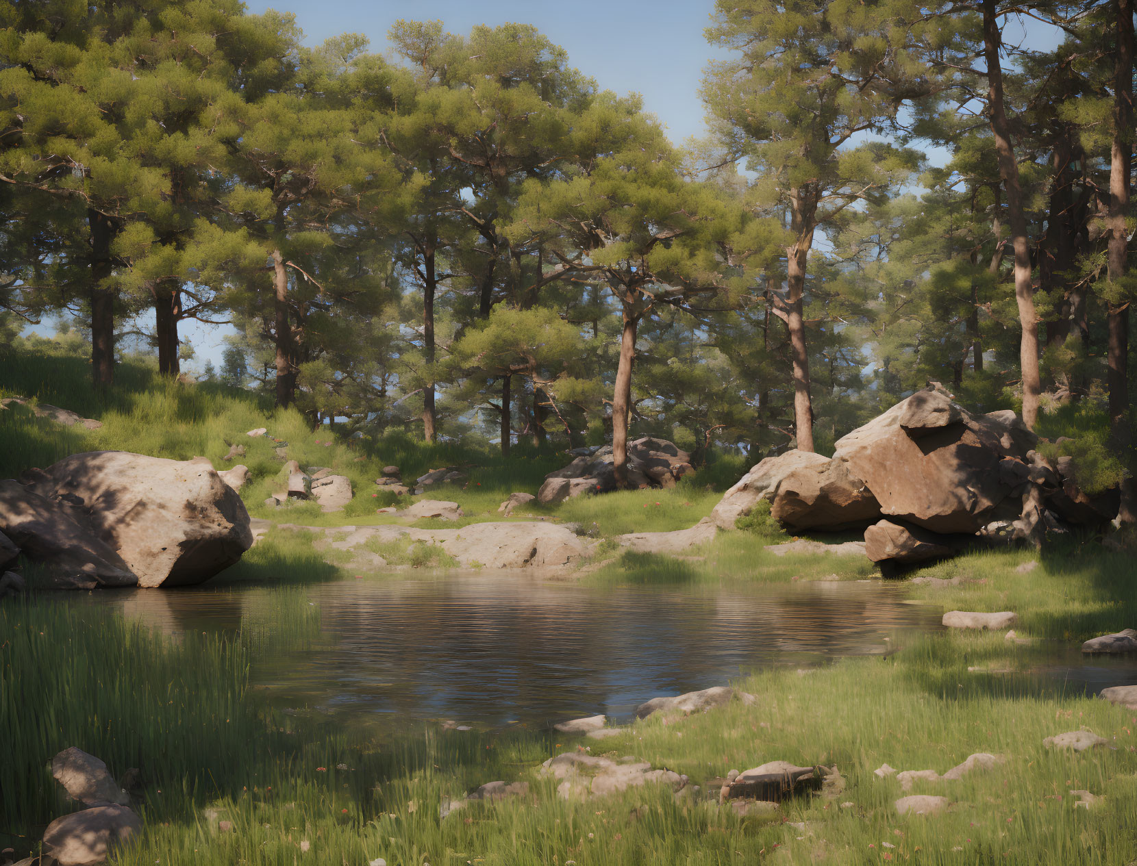 Tranquil forest pond with rocks and pine trees