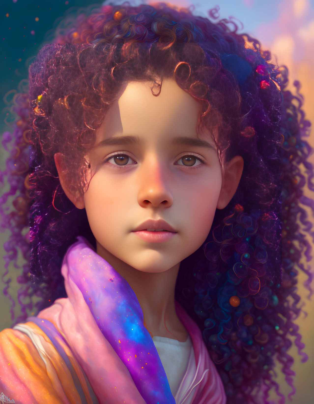 Child with Curly Purple Hair in Cosmic Scarf Portrait Against Colorful Background