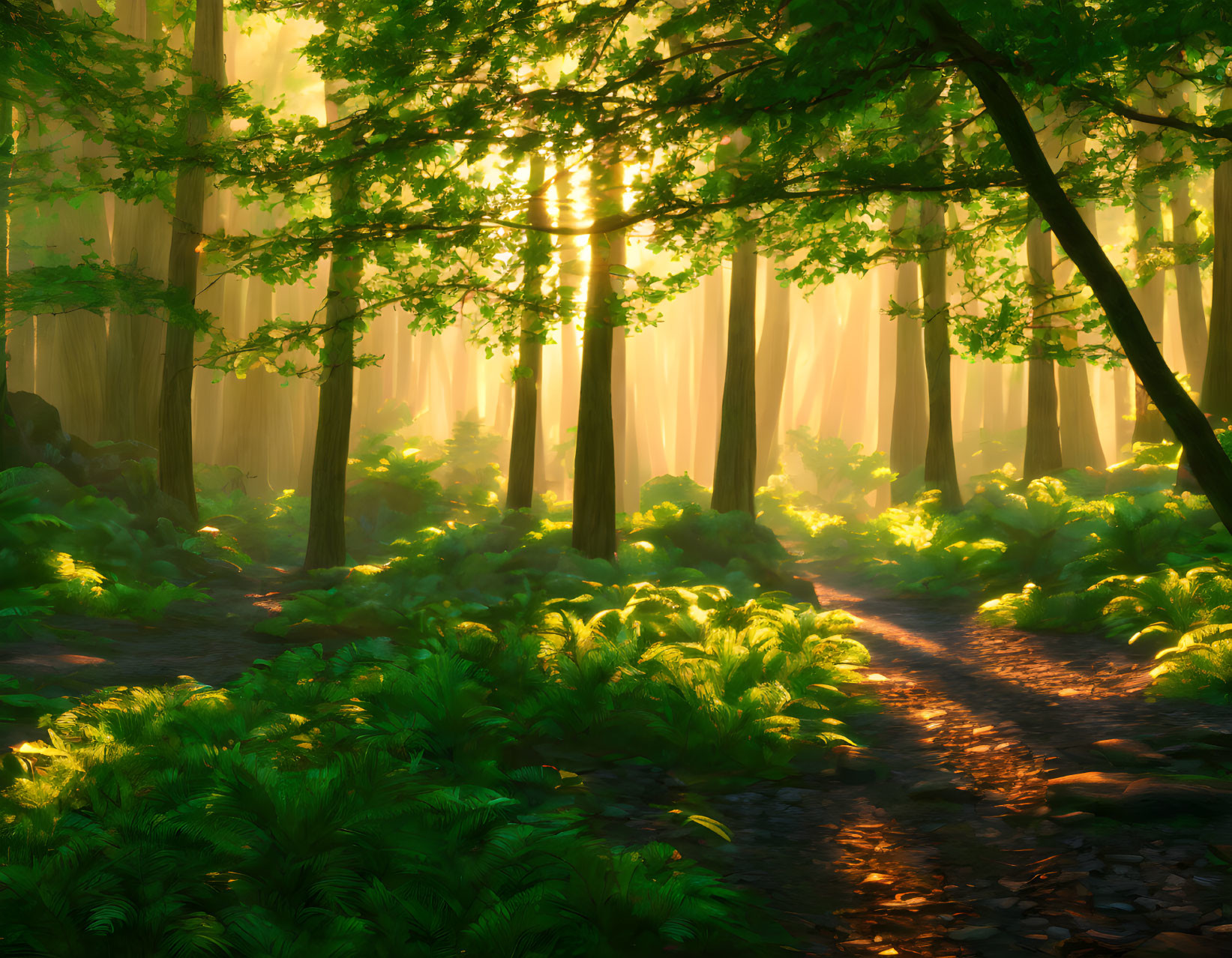 Misty forest with sunlight, green ferns, and dappled path