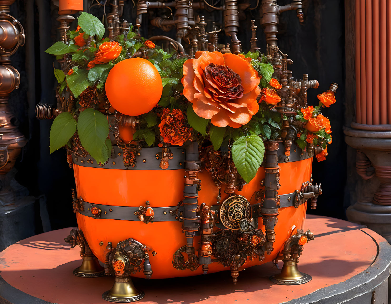 Steampunk-themed floral arrangement with oranges, rust-colored flowers, and greenery in ornate mechanical