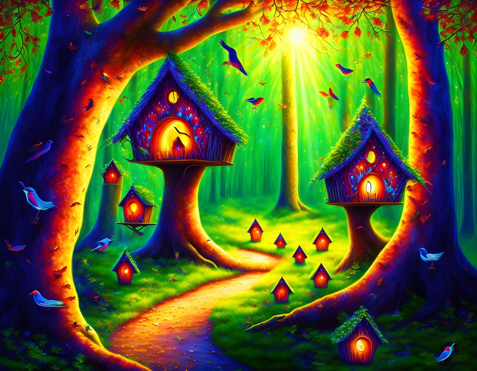 Fantastical forest scene with whimsical treehouses and colorful birds