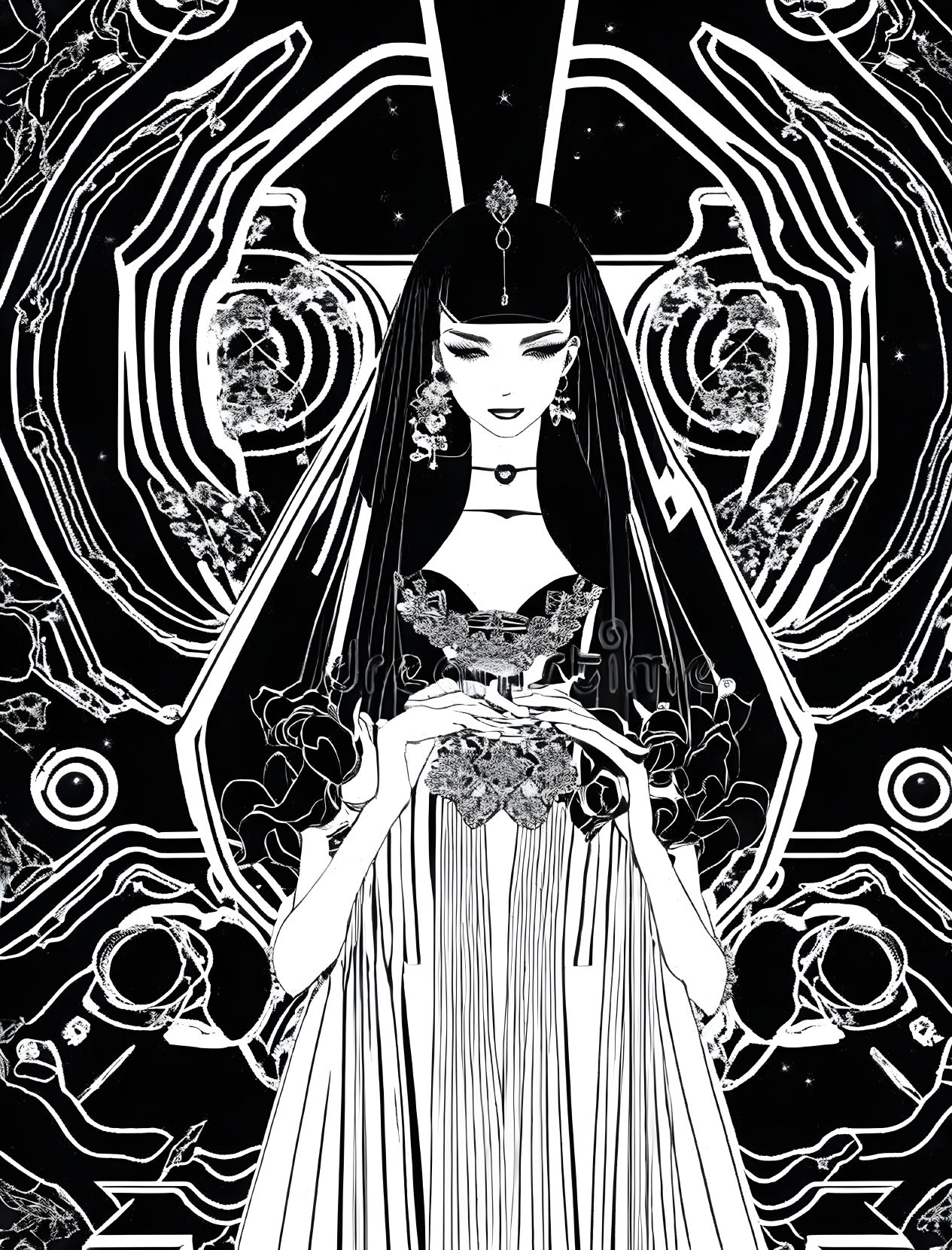 Monochrome illustration of elegant woman with long hair, jewelry, pleated dress, and cosmic patterns.