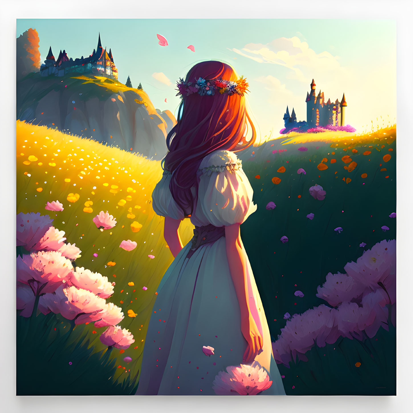 Woman in flowing dress and flower crown gazes at distant castles in vibrant meadow at sunset