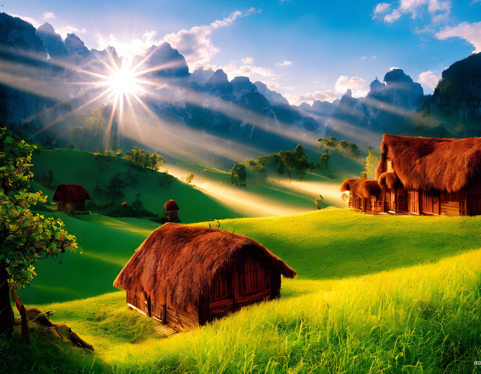 Tranquil landscape with thatched-roof cottages, green hills, sunlight rays, and mist