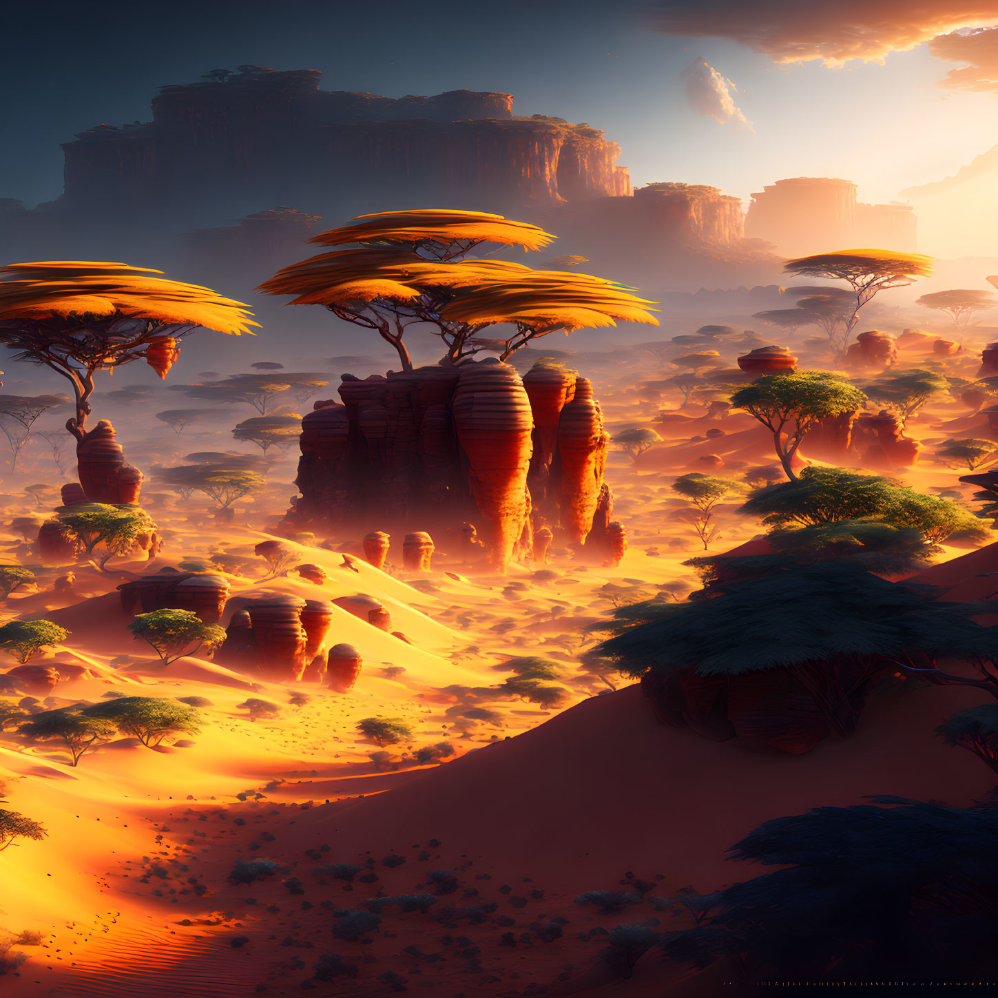 Mystical desert landscape with towering rock formations and golden sunset hues