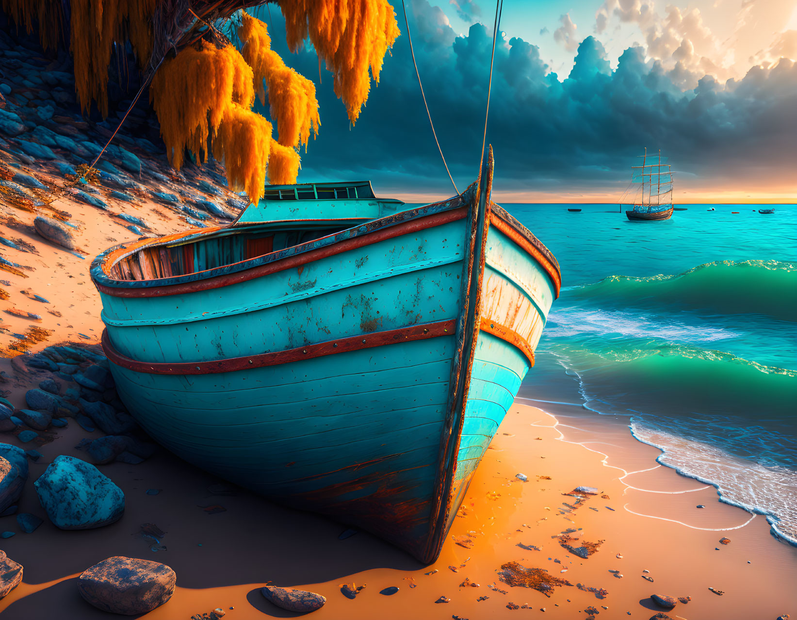 Blue and White Boat on Sandy Beach Under Orange Sky