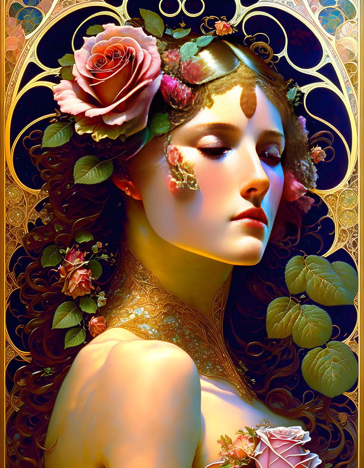 Art Nouveau Style Woman Portrait with Roses and Golden Patterns