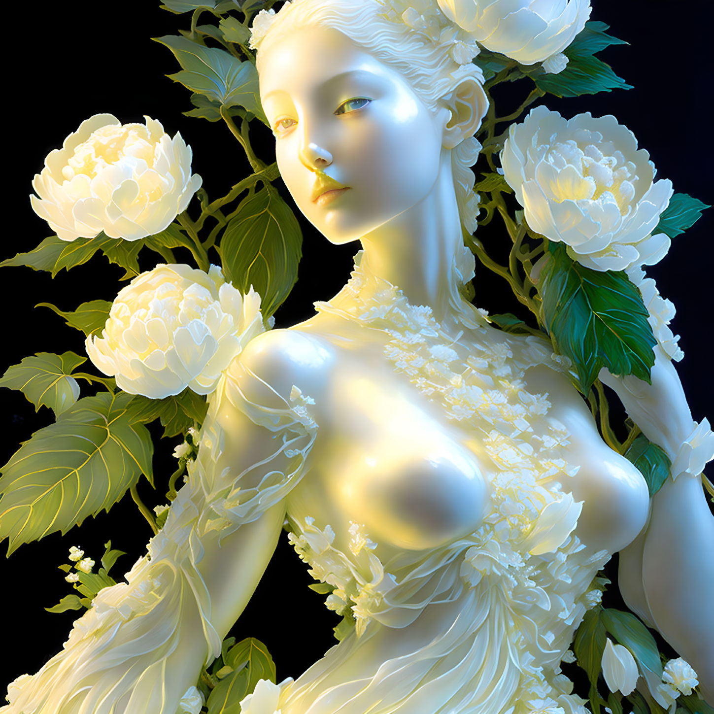 3D rendering of a woman with porcelain skin in white floral dress surrounded by peony flowers