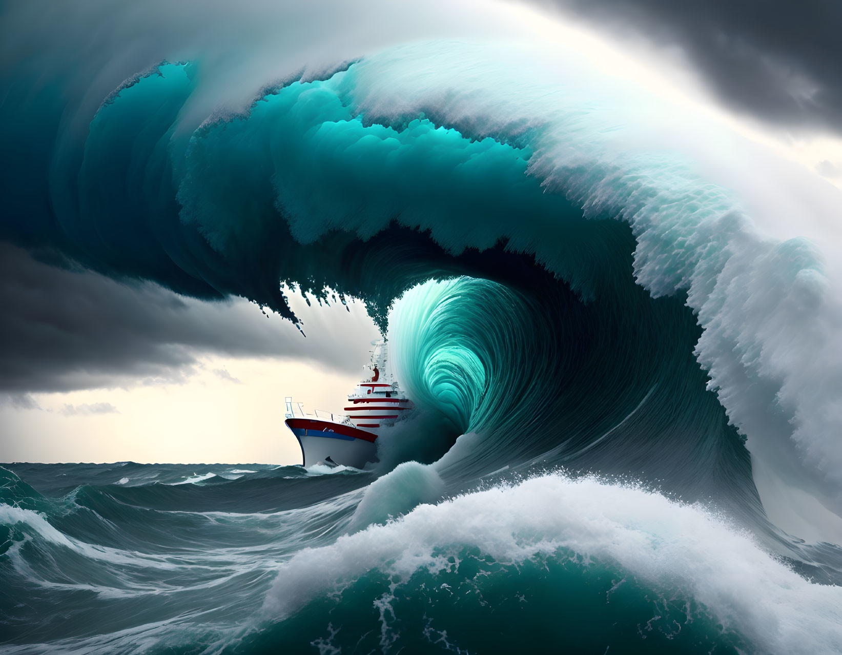 Dramatic scene of ship facing turbulent waves