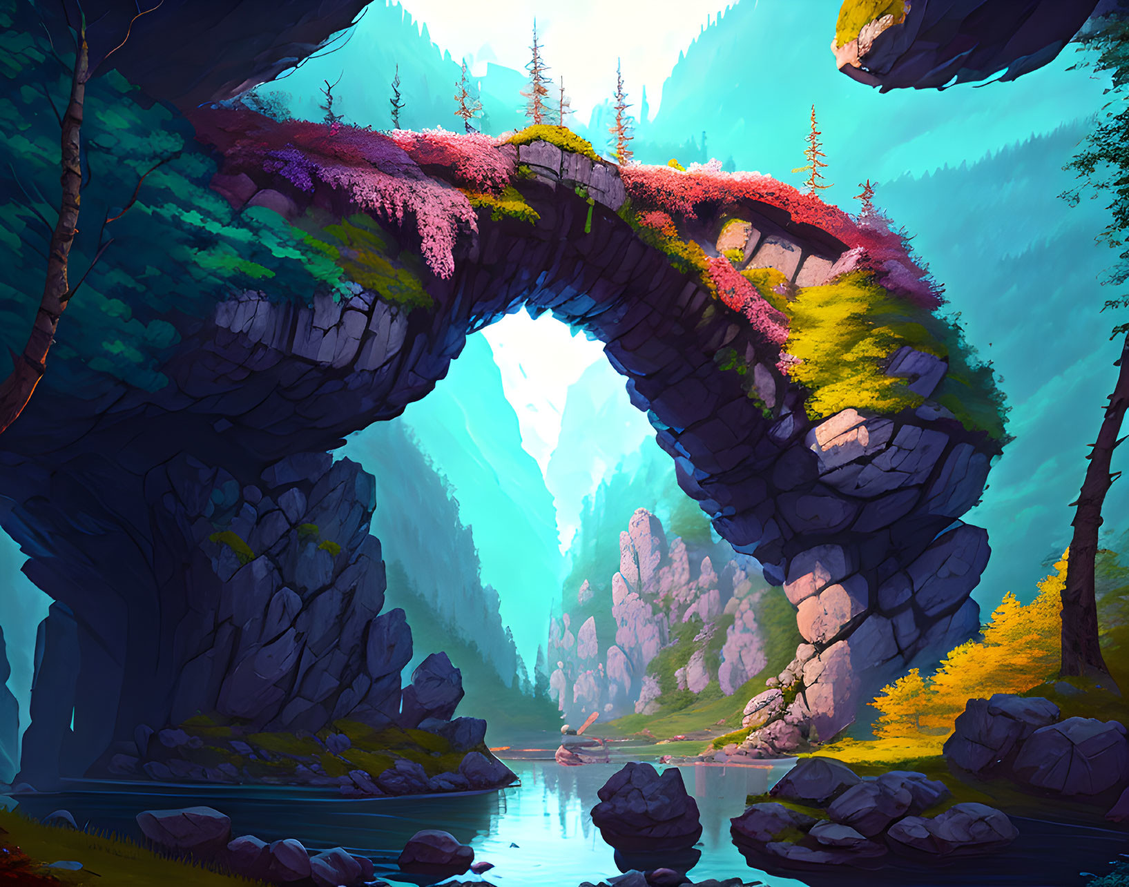 Colorful Flora-Covered Stone Arch Over Serene Lake