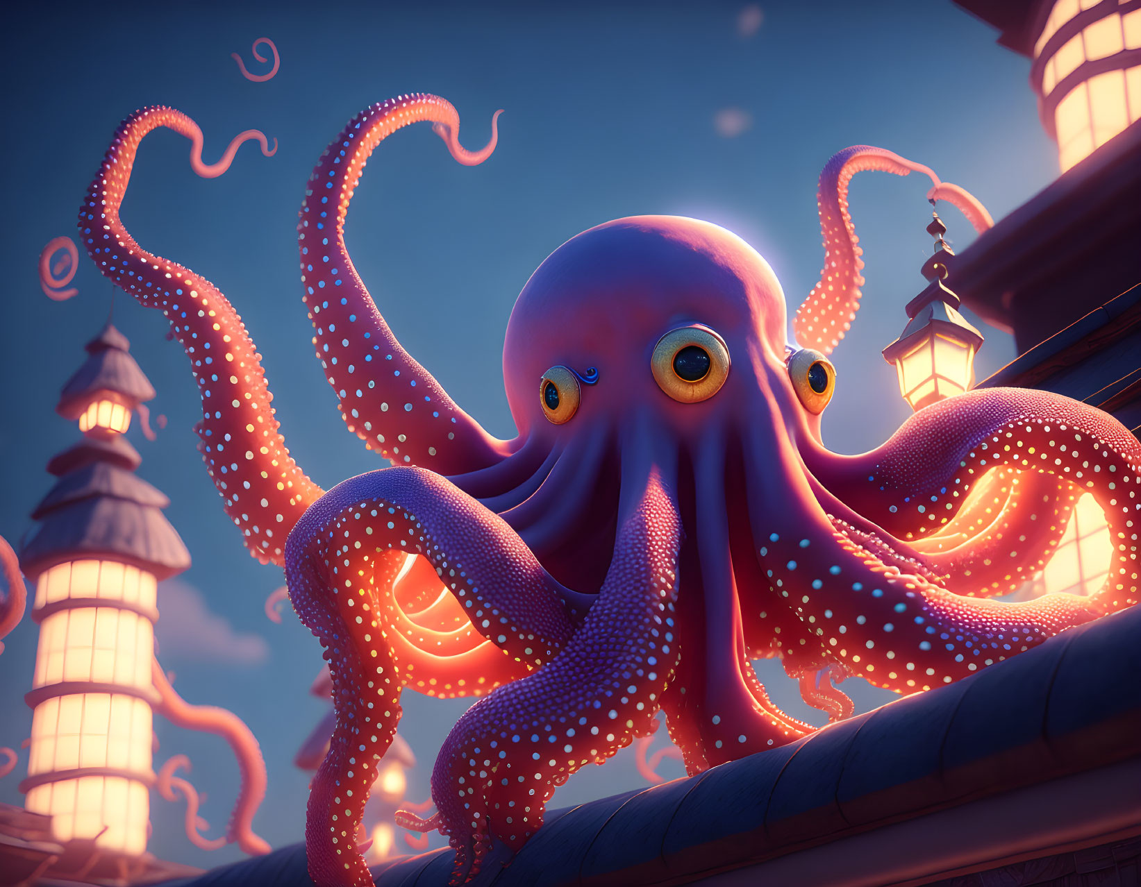 Colorful illustration: Pink octopus with yellow eyes on roof with glowing lanterns.