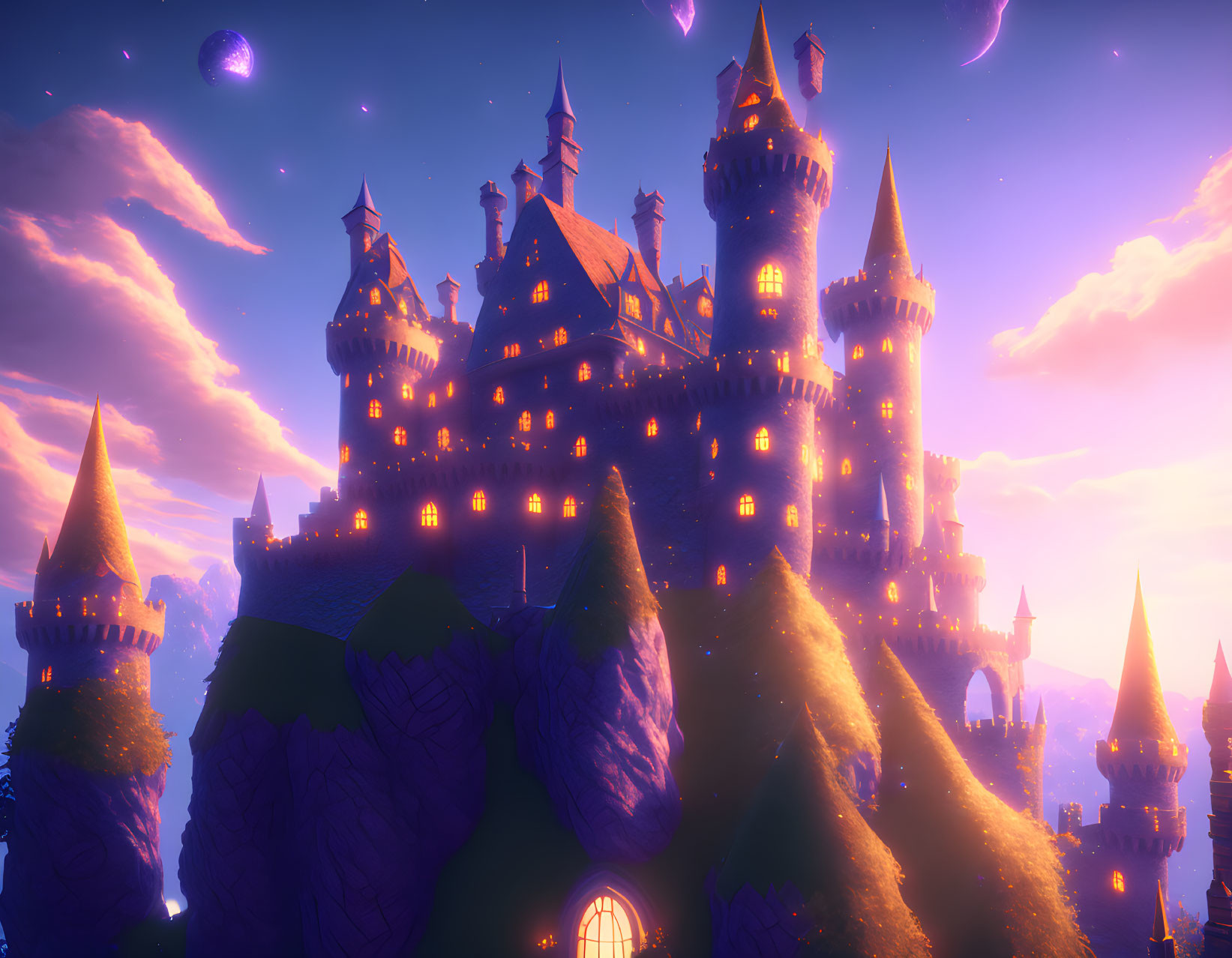 Majestic castle at sunset under purple sky and stars